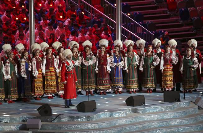 A musical group performs prior to the closing ceremony for the 2014 Winter Olympics at Fisht Olympic Stadium in Sochi, Russia, Feb. 23, 2014. (Doug Mills/The New York Times)