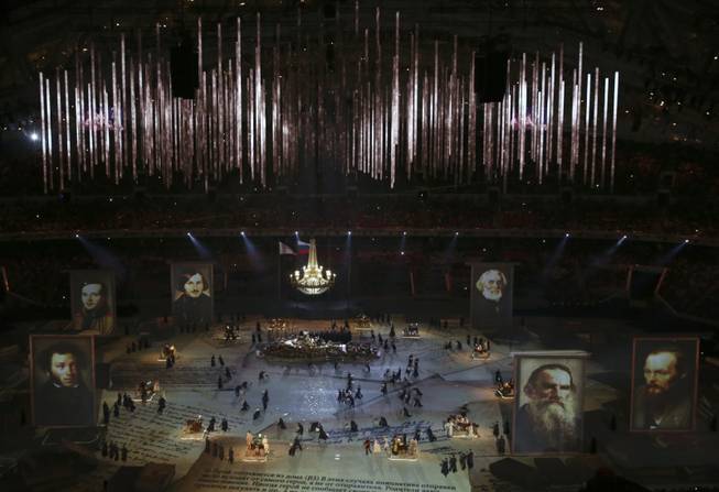 A tribute to Russian literature during the closing ceremony for the 2014 Winter Olympics at Fisht Olympic Stadium in Sochi, Russia, Feb. 23, 2014. (Josh Haner/The New York Times).