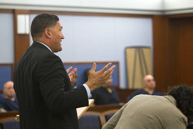 Norman Reed, left, attorney for Elinor Indico, makes arguments to Judge Stefany Miley during a hearing at the Regional Justice Center Monday, Feb. 24, 2014. Indico is accused of stabbing her pregnant sister-in-law to death in October 2013.