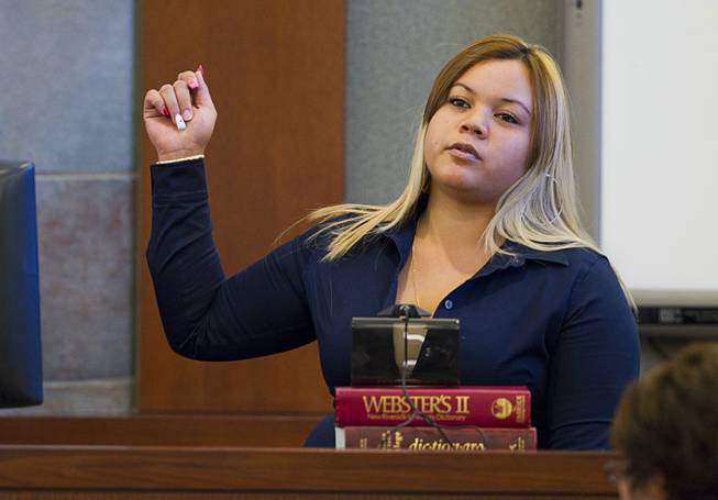 Witness Janacia Rae Cabrera testifies during a trial for Armando Vergara-Martinez at the Clark County Regional Justice Center Tuesday, Feb. 25, 2014. Martinez is accused of attacking Maria Gomez with a machete in the parking lot of a North Las Vegas convenience store in 2012.