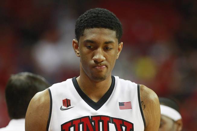 UNLV forward Chris Wood makes a face as he heads to the bench during their Mountain West Conference game against Colorado State Wednesday, Feb. 26, 2014 at the Thomas & Mack Center. UNLV won 78-70.