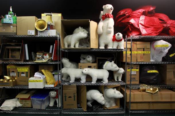 Polar bears sit on shelves in the storage area for the Bellagio's Conservatory and Botanical Gardens.
