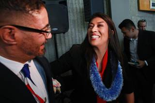 Lucy Flores greets supporter Derek Washington after announcing her candidacy for Lieutenant Governor Saturday, March 1, 2014 at the College of Southern Nevada's Cheyenne campus.