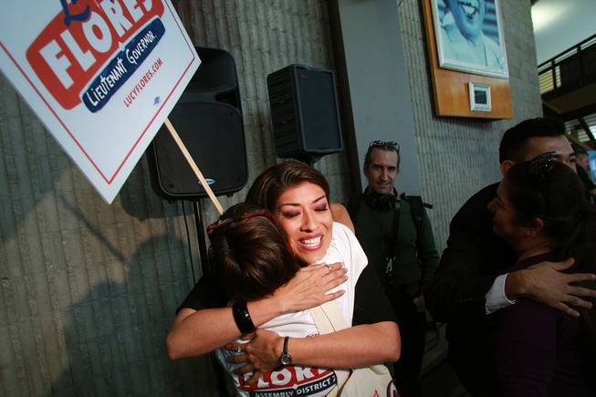 Lucy Flores hugs a supporter after announcing her candidacy for Lieutenant Governor Saturday, March 1, 2014 at the College of Southern Nevada's Cheyenne campus.
