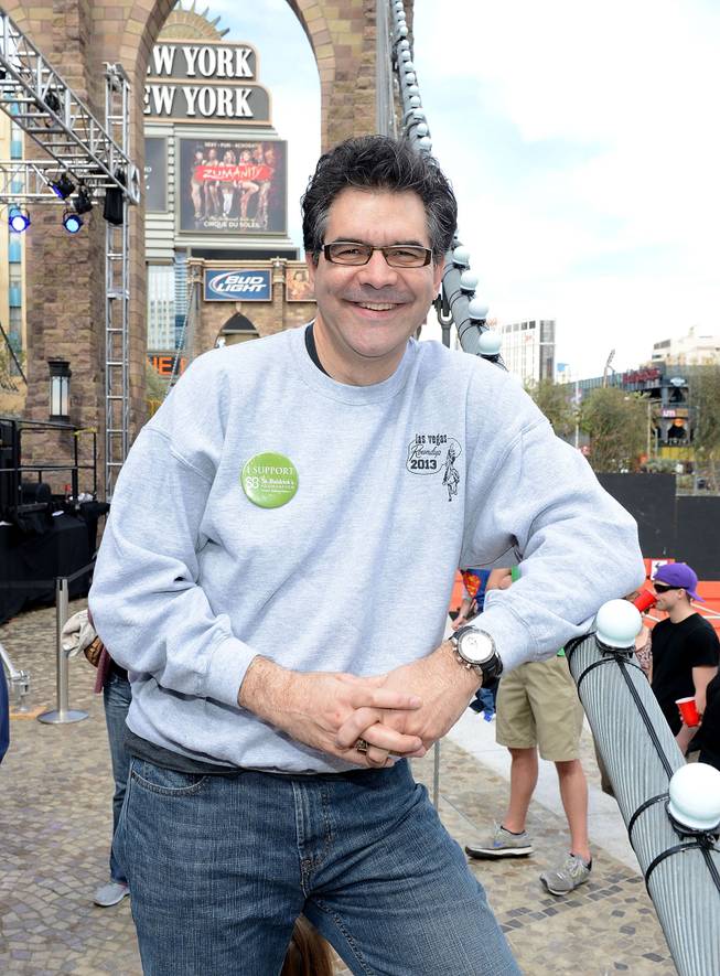 John Katsilometes before his head is shaven by Holly Madison at St. Baldrick’s Foundation’s fundraiser for childhood cancer research Saturday, March 1, 2014, at New York-New York’s Brooklyn Bridge.

