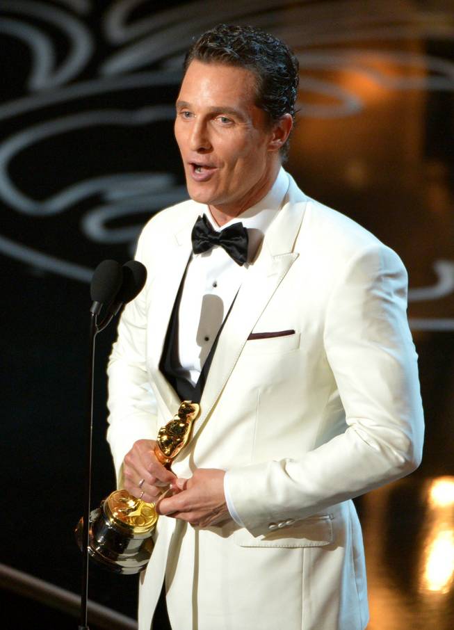 Matthew McConaughey accepts the award for best actor in a leading role for "Dallas Buyers Club" during the Oscars at the Dolby Theatre on Sunday, March 2, 2014, in Los Angeles.  (Photo by John Shearer/Invision/AP)