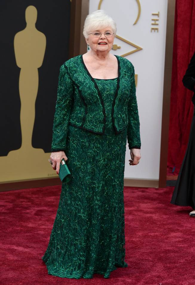 June Squibb arrives at the Oscars on Sunday, March 2, 2014, at the Dolby Theatre in Los Angeles.  (Photo by Jordan Strauss/Invision/AP)