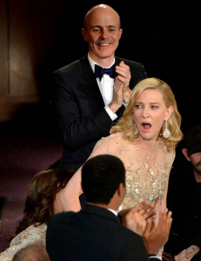 Cate Blanchett reacts after winning the award for best actress in a leading role for "Blue Jasmine" during the Oscars at the Dolby Theatre on Sunday, March 2, 2014, in Los Angeles.  (Photo by John Shearer/Invision/AP)