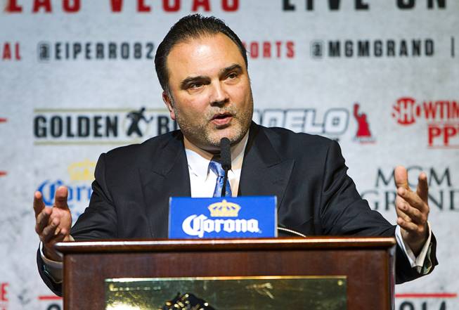 Richard Schaefer, CEO of Golden Boy Promotions, speaks during a news conference at the MGM Grand Thursday, March 6, 2014. Canelo Alvarez and Alfredo Angulo, both of Mexico, will fight at the MGM Grand Garden Arena on Saturday.
