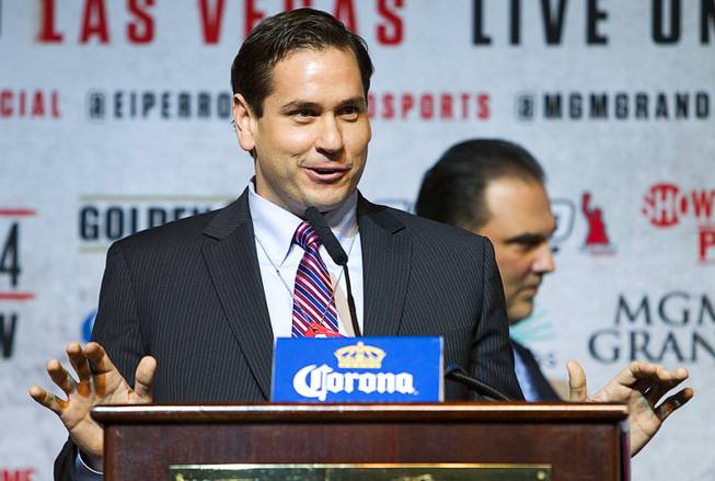 Francisco Aguilar, chairman of the Nevada State Athletic Commission, speaks during a news conference at the MGM Grand Thursday, March 6, 2014. Super welterweight boxers Canelo Alvarez and Alfredo Angulo, both of Mexico, will fight at the MGM Grand Garden Arena on Saturday.