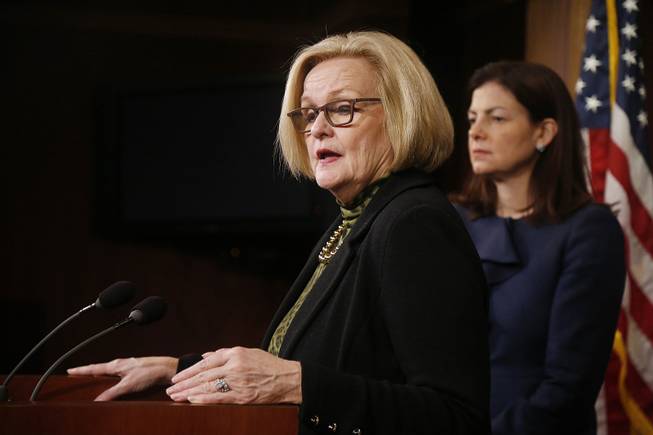 Sen. Claire McCaskill, D-Mo., left, and Sen. Kelly Ayotte, R-N.H., are shown at a news conference on Capitol Hill in Washington, March 6, 2014.