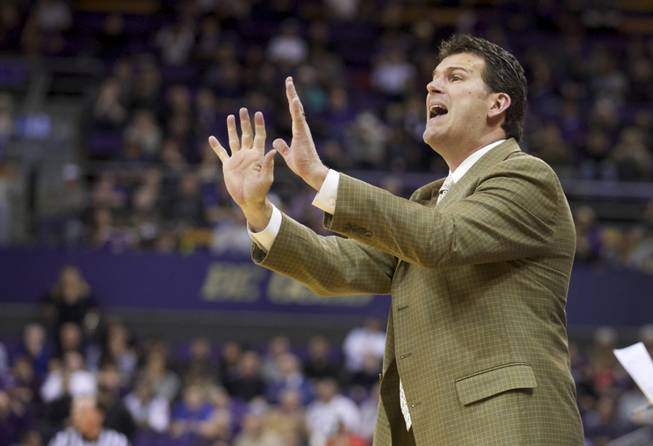 UCLA head coach Steve Alford yells in the second half of an NCAA college basketball game against Washington, Thursday March 6, 2014, in Seattle. UCLA won 91-82. 