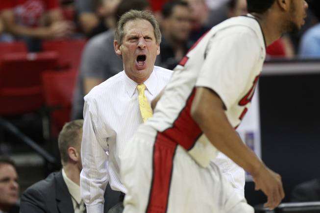 Wyoming coach Larry Shyatt yells to his players during their Mountain West Conference tournament game against UNLV Thursday, March 13, 2014 at the Thomas & Mack Center. UNLV won the game 71-67.