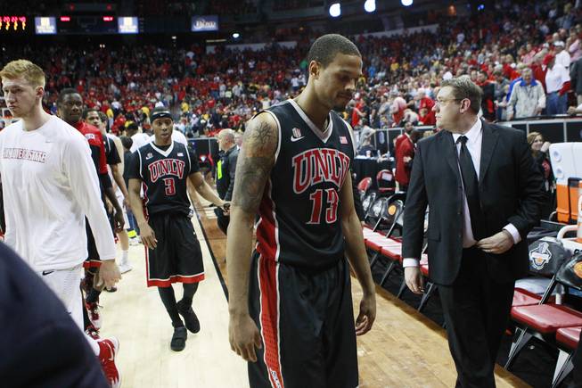 UNLV guard Bryce Dejean Jones heads off the court after their Mountain West Conference semifinal game against San Diego State Friday, March 14, 2014 at the Thomas & Mack Center. The #8 ranked San Diego State Aztecs won 59-51 to advance to the finals.