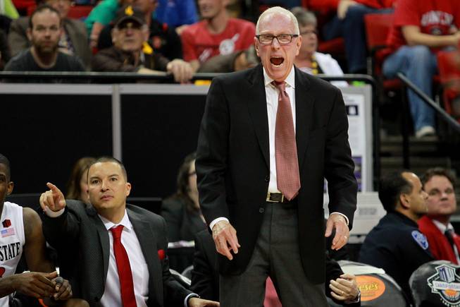 San Diego State coach Steve Fisher yells to his players during their Mountain West Conference semifinal game against UNLV Friday, March 14, 2014 at the Thomas & Mack Center. The #8 ranked San Diego State Aztecs won 59-51 to advance to the finals.