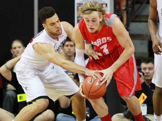 San Diego State forward J.J. O'brien fouls New Mexico guard Hugh Greenwood during their Mountain West Conference tournament championship game Saturday, March 15, 2014 at the Thomas & Mack Center. The Lobos won their third straight title, defeating the Lobos 64-58.