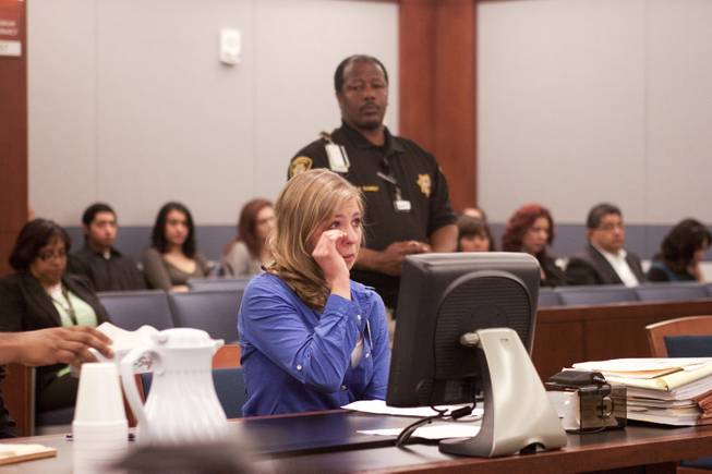 Anne-Marie Ricci, 17, who was hit by driver Cristian Diaz while walking with her boyfriend and sustained significant injuries, cries during her speech at Cristian Diaz' sentencing hearing Monday, March 17, 2014. Diaz, 20, pleaded guilty last year to two counts of driving while under the influence of a controlled substance causing death and substantial bodily harm.