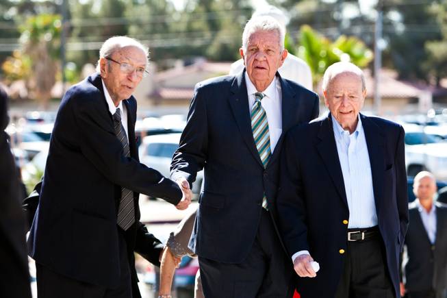 Long-time friends of Jackie Gaughan arrive for the memorial mass for John Davis "Jackie" Gaughan held at St. Viator Catholic Church in Las Vegas on St. Patrick's Day, March 17, 2014. From right to left are  Burton Cohen, Gene Kilroy and an unidentified man.