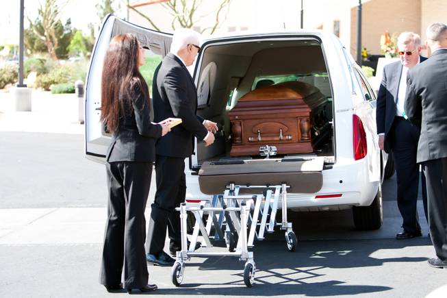 The casket of John Davis "Jackie" Gaughan lies in wait inside a hearse prior to the memorial mass at St. Viator Catholic Church in Las Vegas on St. Patrick's Day, March 17, 2014.  Jackie Gaughan, 93, passed away March 12, 2014.