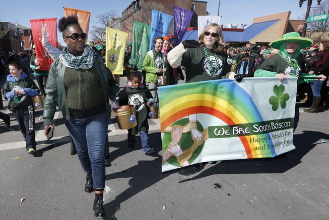 A group standing for diversity marches in the annual St. Patrick's Day parade in the South Boston neighborhood of Boston, Sunday, March 16, 2014.