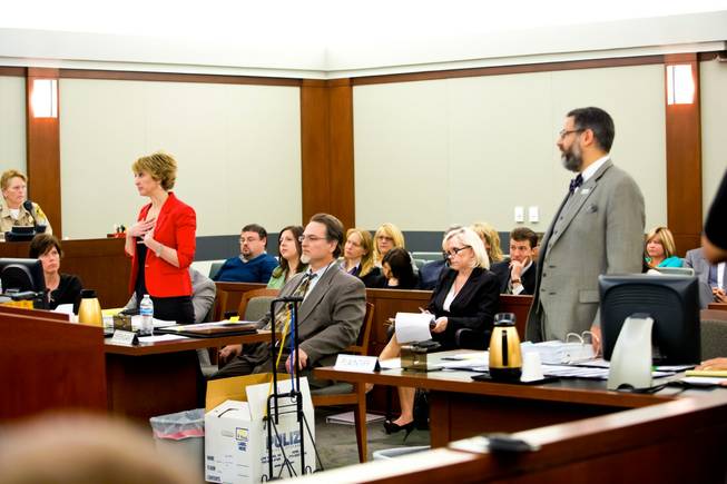 Lisa Zastrow, left, attorney for the Animal Foundation, addresses the Judge during a civil hearing between Donald Thompson, co-owner of Prince and Princess Pet Shop LLC, and the Animal Foundation at the Regional Justice Center, Wednesday, March 19, 2014. .