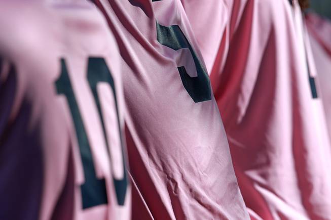 Canyon Springs baseball players wear pink jerseys during their game against Western Wednesday, March 19, 2014. The Pioneers wore pink jerseys for the game for cancer awareness and to honor parents of two of the players who died from cancer in the past year.