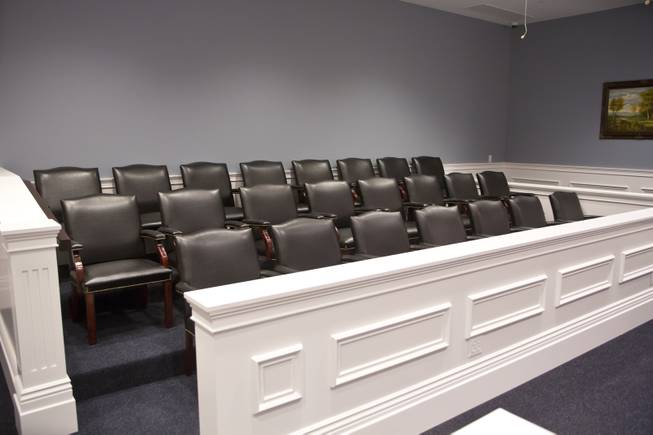 The jury box in the mock court room at the Robert Eglet Advocacy Center Wednesday, March 19, 2014.