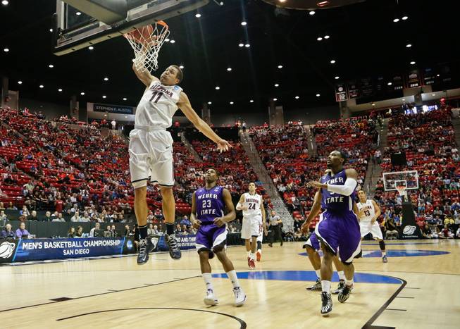 Arizona forward Aaron Gordon slams in a basket against Weber State during the first half in a second-round game in the NCAA college basketball tournament Friday, March 21, 2014, in San Diego.