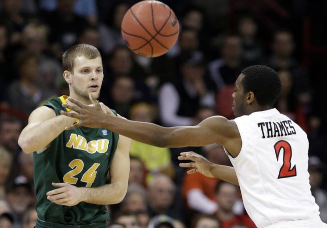 North Dakota State's Ryan Staten passes as San Diego State's Xavier Thames defends in the first half during the third round of the NCAA men's college basketball tournament in Spokane, Wash., Saturday, March 22, 2014. 
