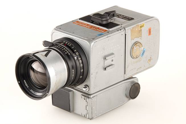 This photo provided by Galerie Westlicht in Vienna shows a Hasselblad 500 camera, which was part of the equipment carried by the 1971 Apollo 15 mission.