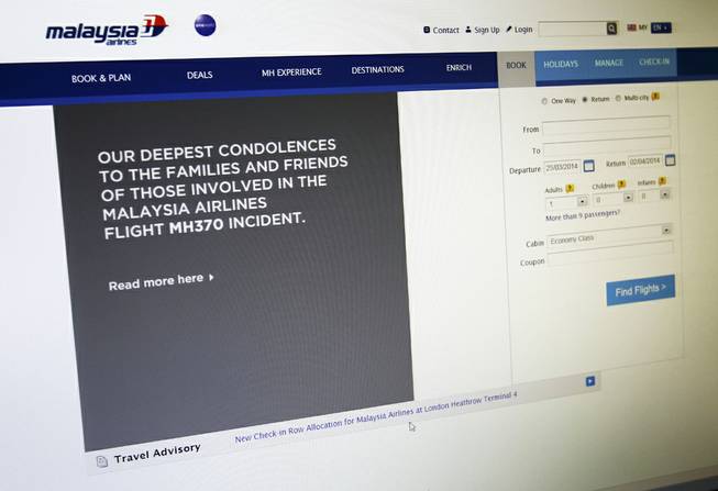 A sympathy message is displayed at the webpage of the Malaysia Airlines website, in Shah Alam, outside Kuala Lumpur, Malaysia, Tuesday, March 25, 2014. 