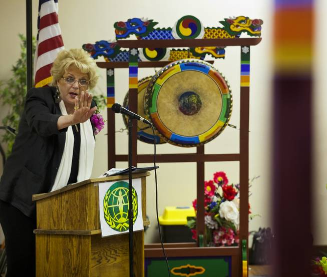Mayor Carolyn Goodman addresses the crowd during A Moulin Rouge Affair sponsored by the Harrison House at the Elks Lodge on Wednesday, March 26, 2014.