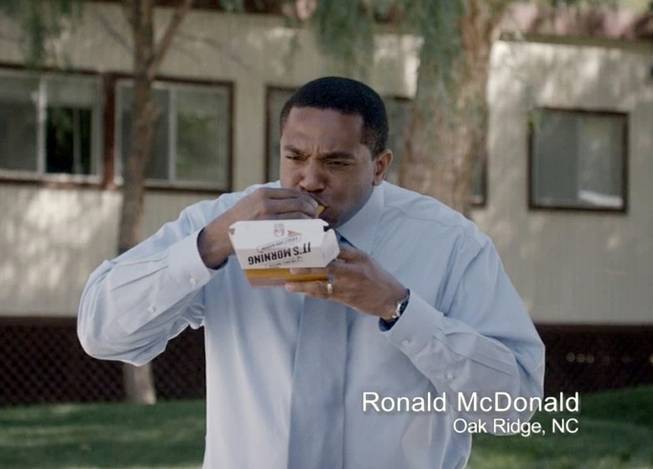 This frame grab from video provided by Taco Bell via Taylor Strategy shows Ronald McDonald of Oak Ridge, N.C., in a Taco Bell commercial. The fast-food chain will begin airing ads Thursday, March 27, 2014, that feature everyday men who happen to have the same name as the McDonald's mascot. 