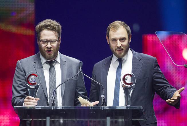 Comedy Filmmakers of the Year Seth Rogen (L) and Evan Goldberg speak at the Big Screen Achievement Awards during CinemaCon, the official convention of the National Association of Theatre Owners, at Caesars Palace Thursday, March 27, 2014.