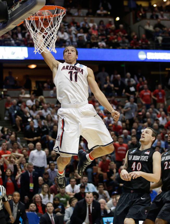 Arizona forward Aaron Gordon (11) dunks as San Diego State forward Matt Shrigley (40) watches during the second half in a regional semifinal of the NCAA men's college basketball tournament, Thursday, March 27, 2014, in Anaheim, Calif.