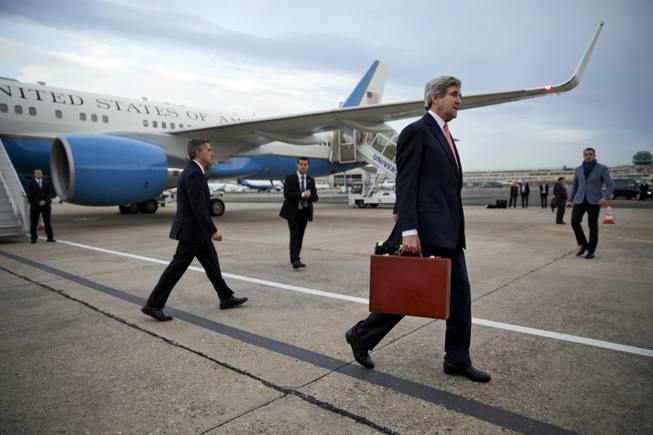 U.S. Secretary of State John Kerry arrives in Paris, on Saturday, March 29, 2014. After leaving Saudi Arabia the secretary canceled a return to Washington in order to travel to Paris for a meeting with Russian Foreign Minister Sergey Lavrov about the situation in Ukraine. The meeting was arranged during a refueling stop in Ireland en route to Paris.