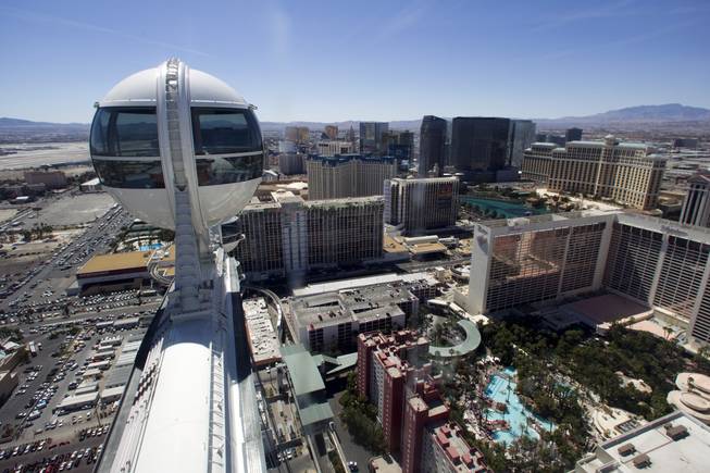 A view during a ride on the 550-foot-tall High Roller observation wheel Monday, March 31, 2014. The observation wheel, the tallest in the world, is part of the Linq project, a $550 million development by Caesars Entertainment Corp.