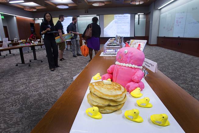 A creation by Tia Donjon and Stacie Mitchell is displayed during the 2014 Edible Book Festival at the UNLV Lied Library Tuesday, April 1, 2014. The creation was inspired by the children's book "If You Give A Pig A Pancake" by Laura Numeroff.