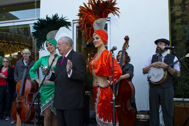 Former City of Las Vegas Mayor Oscar Goodman welcomes the crowd with a few witty words to the grand opening night of the new Bier Garten at the Plaza Hotel and Casino on Tuesday, April 1, 2014.