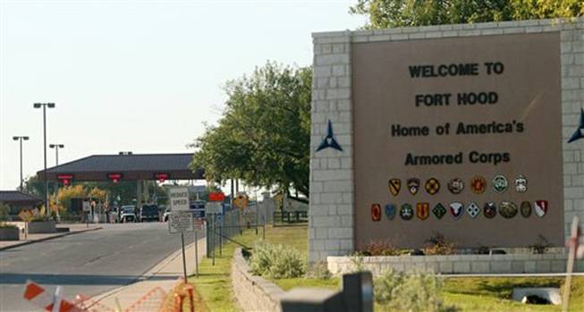 An entrance is shown to Fort Hood Army Base in this 2009 file photo. Fort Hood officials say there's been a shooting at the Texas Army base and that there have been injuries, on Wednesday, April 2, 2014.
