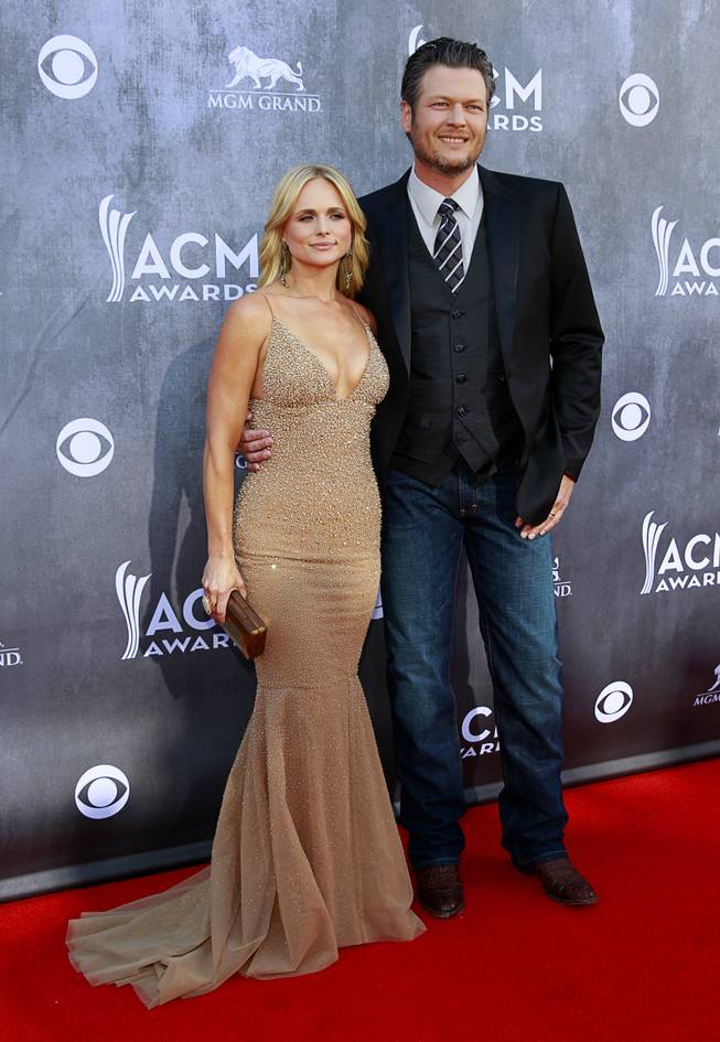 Miranda Lambert and Blake Shelton arrive for the 49th Annual Academy of Country Music Awards at MGM Grand Garden Arena on Sunday, April 6, 2014, in Las Vegas.