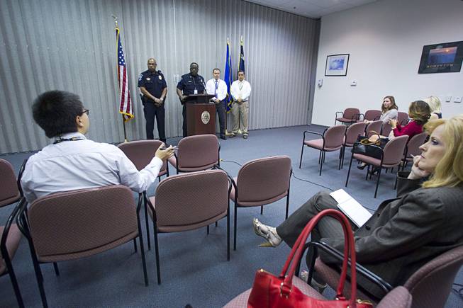 Clark County School District Police officials respond to questions during a news conference at CCSD police headquarters in Henderson Tuesday, April 8, 2014. From left are: Lt. Darnell Couthen, Capt. Ken Young and CCSD police detectives Mitch Macizak and Thomas Rainey Police called the news conference to discuss a fight that occurred at O'Callaghan Middle School last Wednesday.
