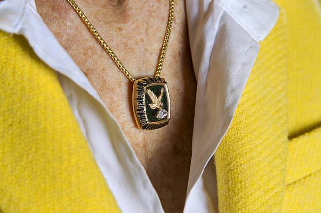 Susan Spencer, former general manager of the Philadelphia Eagles, wears a pendant from a 1980 Super Bowl ring at Rancho High School Monday, April 7, 2014. Spencer's nonprofit A Level Playing Field has given more than $30,000 of equipment and funds to the Rancho HS football team.