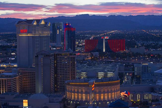 Las Vegas casinos are shown in a view from the 550 foot-tall High Roller observation wheel, the tallest in the world, Wednesday, April 9, 2014. The wheel is the centerpiece of the $550 million Linq project, a retail, dining and entertainment district by Caesars Entertainment Corp.