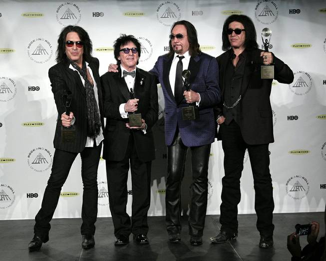 Hall of Fame inductees KISS original band members Paul Stanley, Peter Criss, Ace Frehley and Gene Simmons appear in the press room at the 2014 Rock and Roll Hall of Fame Induction Ceremony on Thursday, April, 10, 2014, in New York. 