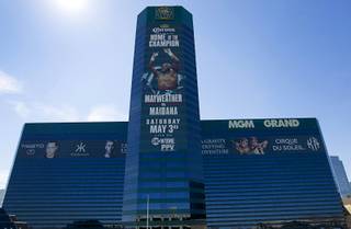 An advertisement for Floyd Mayweather Jr.'s upcoming fight is shown on the side of the MGM Grand Thursday, April 10, 2014. Top Rank CEO Bob Arum, promoter for boxer Manny Pacquiao, voiced his displeasure at the Mayweather signage during a news conference on Wednesday.