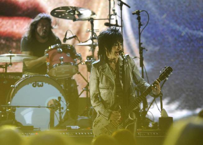 Hall of Fame Inductee Dave Grohl and Joan Jett perform at the 2014 Rock and Roll Hall of Fame Induction Ceremony on Thursday, April, 10, 2014 in New York. 