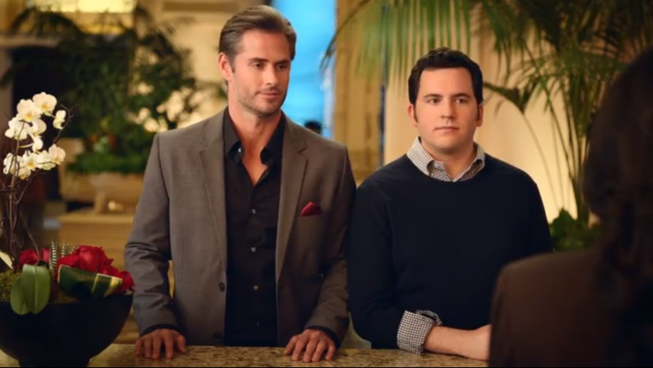 Two actors are shown in a screenshot from "The Check Out," a new advertisement from the Las Vegas Convention and Visitors Authority. The ad, according to LVCVA officials, is the first national mainstream tourism television commercial that celebrates same-sex relationships.