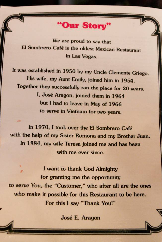 The back of the menu at El Sombrero restaurant located on Main Street, which has been open since 1950, tells of its historic story on its closing day Saturday, April 12, 2014.