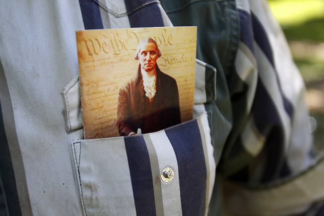A copy of the U.S. constitution is shown in the shirt pocket of Ryan Bundy at the family ranch near Bunkerville Sunday, April 13, 2014. The Bureau of Land Management halted their roundup of Bundy family cattle under an agreement reached Saturday.